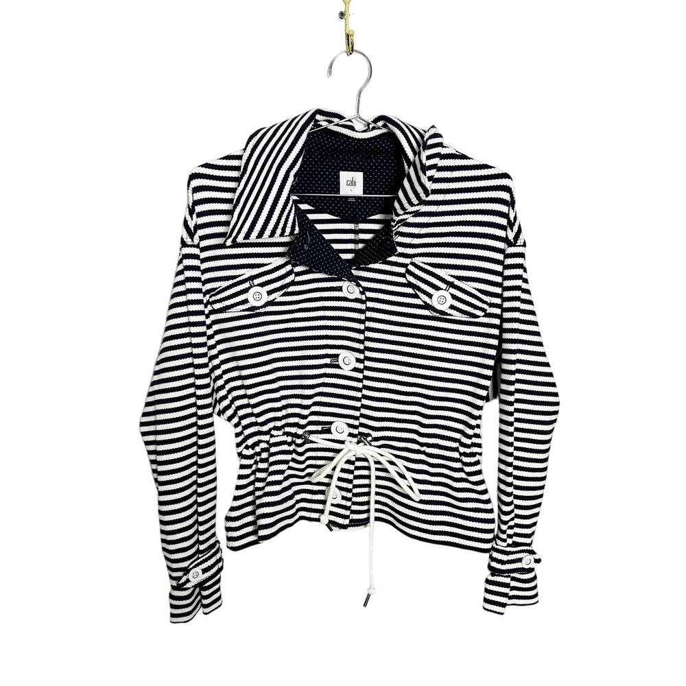 CAbi #5654 Women Medium Blue/White Nautical Striped Harbor Jacket Drawstring S - Picture 5 of 13